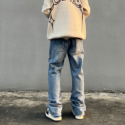 Men Patchwork Embroidery Casual Denim Pants Elastic Waist Baggy Jeans Trousers