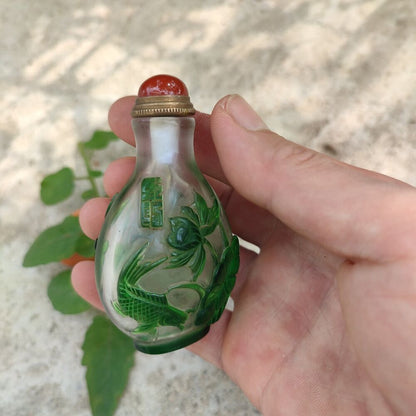 Chinese Snuff Bottle Lotus Fish Statue Beautiful Peking Glass Box Snuffbox Clean