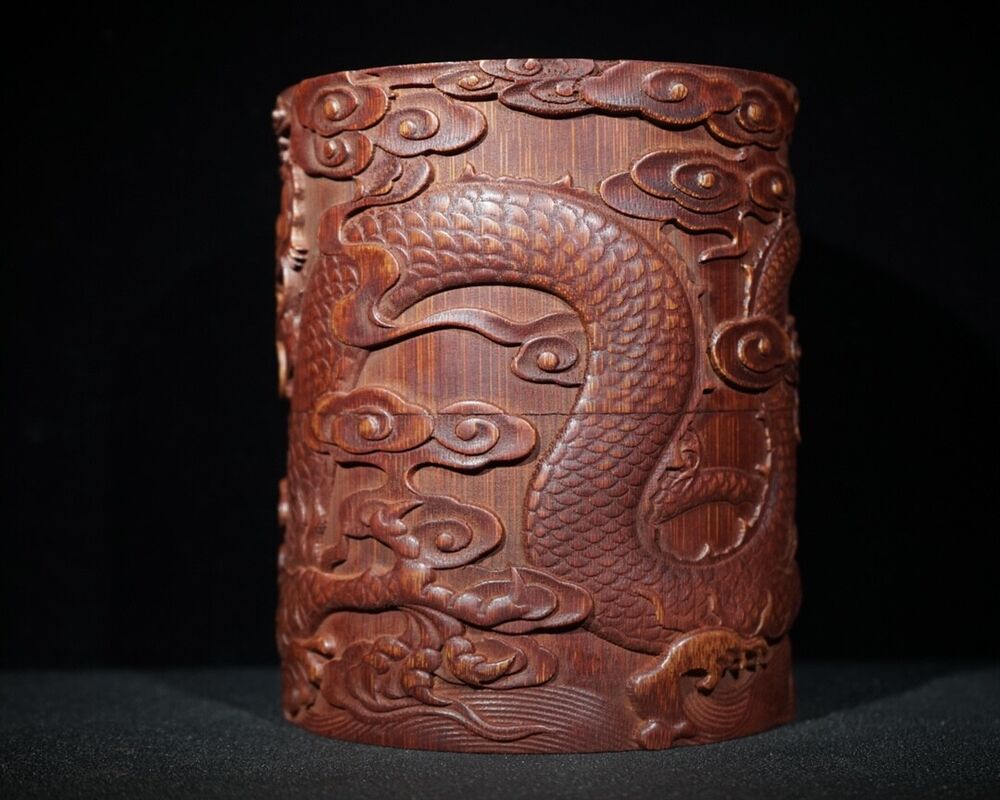chinese bamboo carving antique carved brush pot pen case wood statue dragon Leo