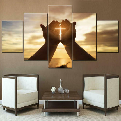 Cross Jesus Hand Prayer 5 Piece canvas Wall Art Print Poster Home Decor
