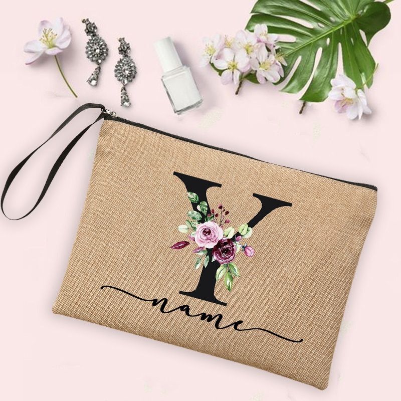 Flower Initial Cosmetic Bag Women Makeup Bag Linen Zipper Pouch Travel Organizer