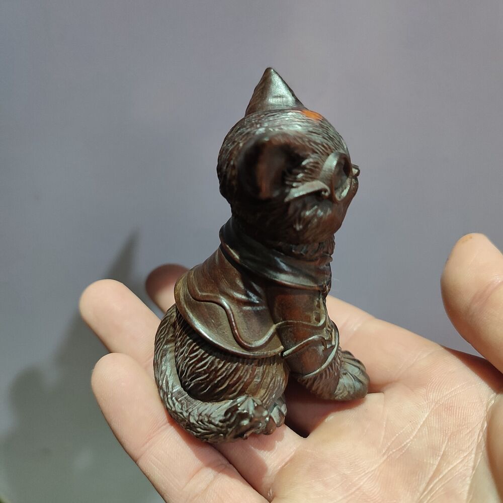 Chinese Carved Sculpture Statue Wood Christmas Wooden Gift Animal Small cat pet
