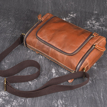 Men's Handmade Shoulder Bag 100% Crazy Horse Leather Cylinder Crossbody IPAD Bag