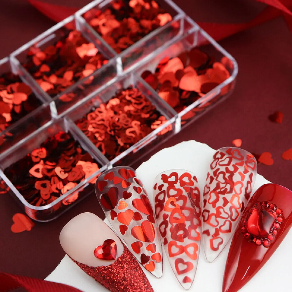 Nail Art Glitter 6 Grids Red Love Heart Sequins Flakes DIY Valentines Decoration