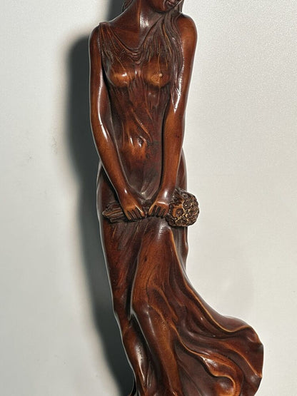 Chinese Boxwood Carved Sexy Beautiful Girl Statue Wood Figurines Home Decor Art