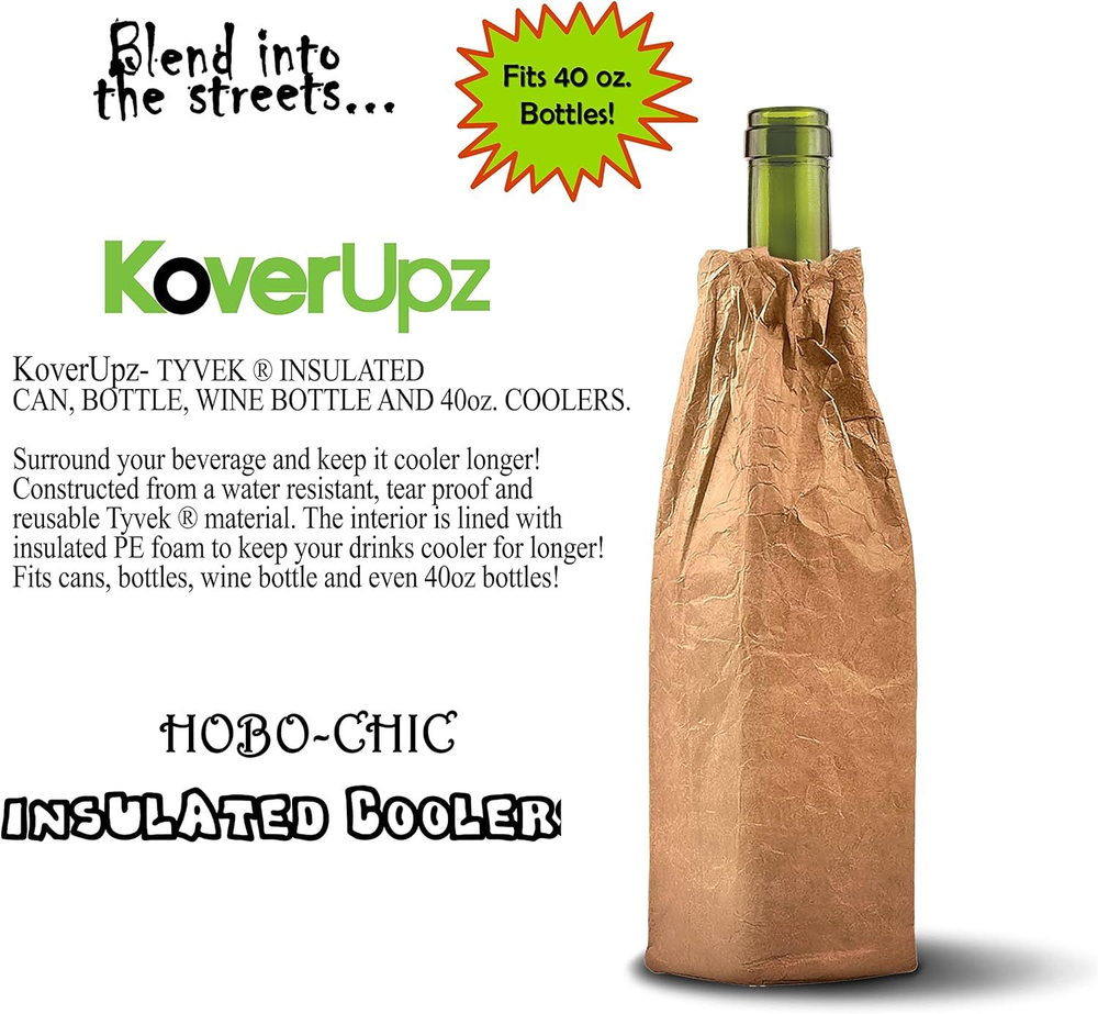 KoverUpz TYVEK BROWN BAG ARTWORK INSULATED WINE BOTTLE & 40oz COOLER SLEEVE...