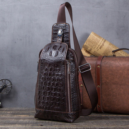 Men's Sling Backpack ,Genuine Leather Crossbody Bag Crocodile Daypack for Hiking