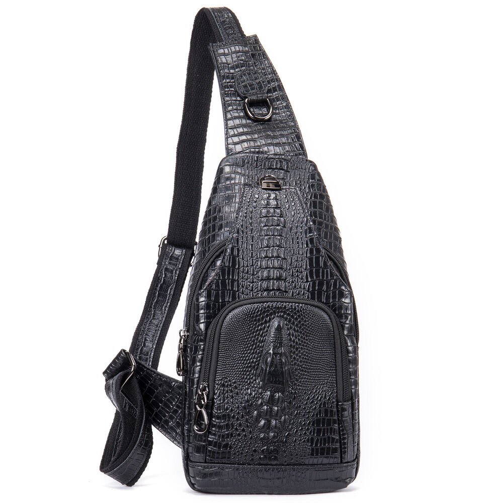 Top Cow Leather Sling Backpack,Crocodile Pattern Chest Crossbody Bag Daypack