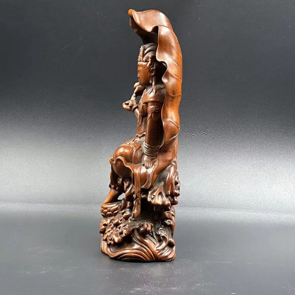 Chinese Boxwood Carving Lotus Leaf Kwan Yin Statue Wood Figurine Decoration Art