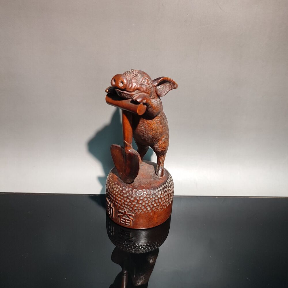 chinese carved wooden cute pig Statue wood decor modern home Gift laborious art