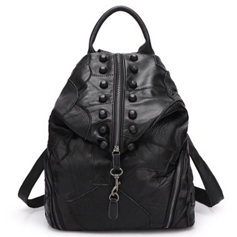 Sheepskin Leather Women's Colorful Blocks Patchwork Backpack Travel Bag Rucksack