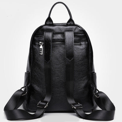Women's Backpack Genuine Leather Black Zipper Travel Backpack College Bag