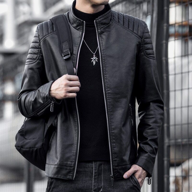 Pu Jacket Men Jacket Male Stand Collar Windbreaker Mens Clothing Black Blue