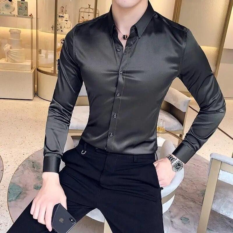 Camisa Ajustada De Seda De Hombres Ropa De Vestir Larga A Cuadros Elegante