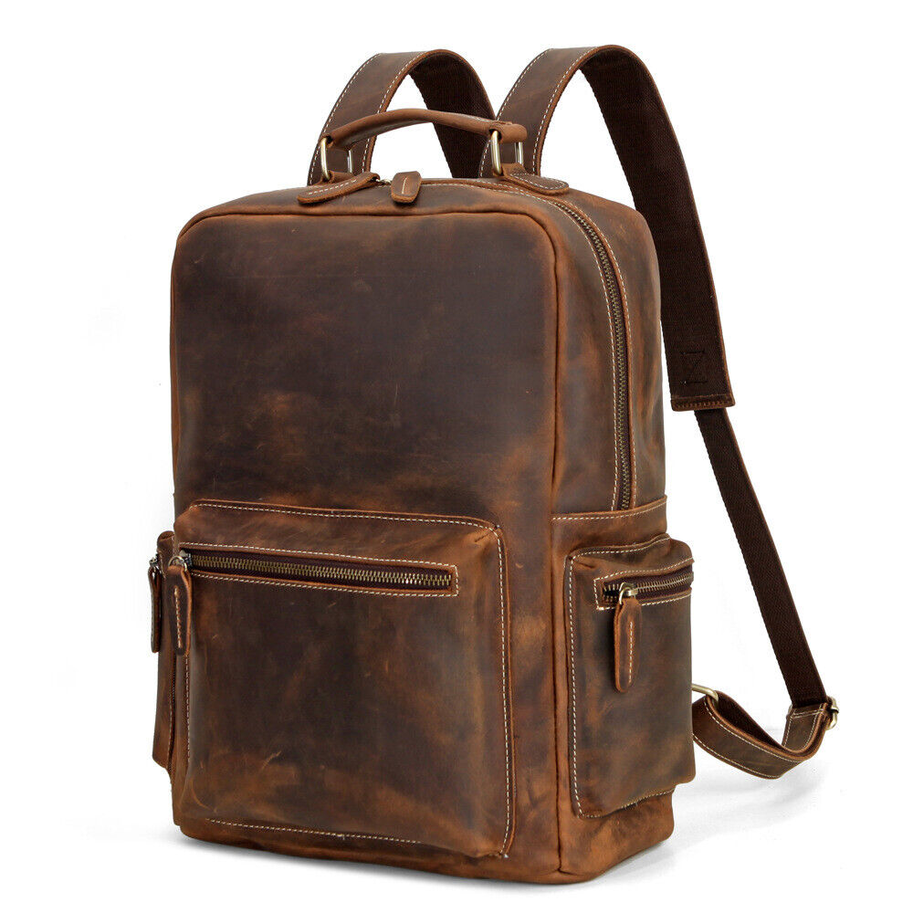 100%Crazy Horse Leather Men's Retro Backpack, Travel Rucksack Daypack School Bag