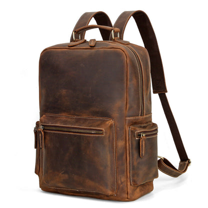 100%Crazy Horse Leather Men's Retro Backpack, Travel Rucksack Daypack School Bag