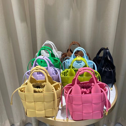 Soft Cow Leather Women's WeaveTote Handbag, Colorful Bucket Vegetable basket Bag