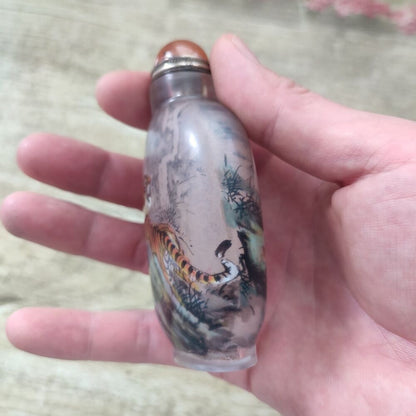 Chinese Reverse Painted Glass Snuff Bottle Inside Forest King Tiger Tigres Gift