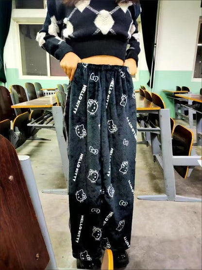 Cute Women Girl Black Hello Kitty Pants Warm Autumn Winter Pajamas Trousers Gift