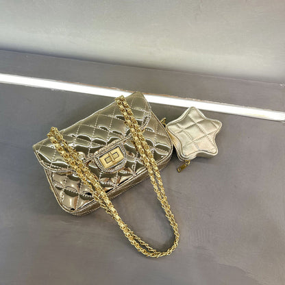 Quilted Patent Leather Small Flap Purse w/ Chain & Star Shoulder Bag Fashion