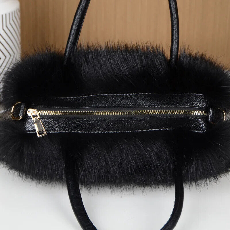 Winter Patchwork Leather Women's Ladies Long Plush Tote Bag