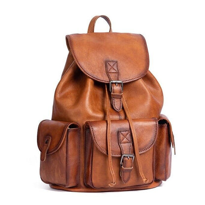 Cow Leather Men's Drawstring Backpack, Retro Travel Bag 15.6" Laptop Backpack