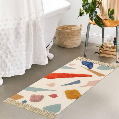 Hand Woven Bathroom Runner Rug Multi-Color with Tassel Cotton Tufted Home Decor