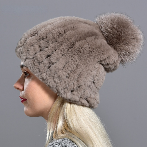 Hot Sale Knitted Pompom Hats Women Beanies Elastic Rabbit Fur Caps Real Fur Hats