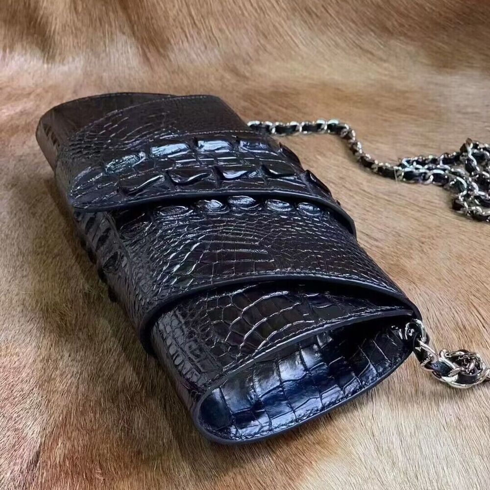 Original CrocodileSkin Leather Luxury Bag, Women's Black Chain bag Shoulder Bag