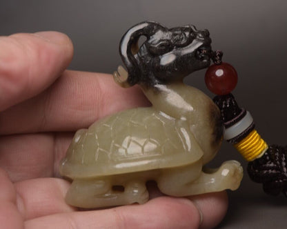 Chinese Natural Hotan Jade Carved Exquisite Dragon Turtle Statue Collection Art