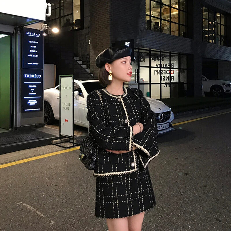 Plaid Tweed Jacket Coat + Mini Skirt Set Women 2 Piece Set Outfits Tracksuit