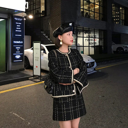 Plaid Tweed Jacket Coat + Mini Skirt Set Women 2 Piece Set Outfits Tracksuit