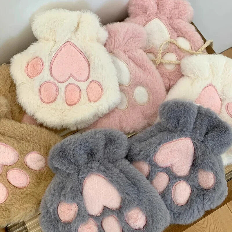 Women Fingerless Gloves Plush Fluffy Cat Paw Claw Panda Mittens Warm Winter Wear