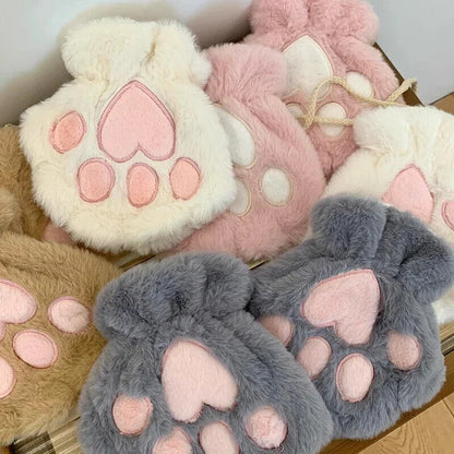 Women Fingerless Gloves Plush Fluffy Cat Paw Claw Panda Mittens Warm Winter Wear