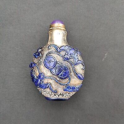 vintage peking glass snuff bottle collect carving bat statue box blue mouse art