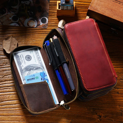 Handmade Cowhide Leather Zipper Pen Case, Pencil Case Stationery Storage Bag