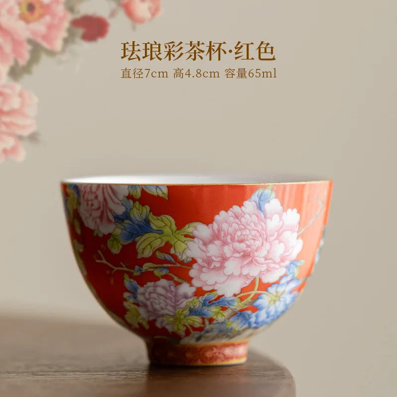 65ml Chinese Enamel Tea Cup Ceramic Peony Master Cup Tea Set Small Tea Bowl