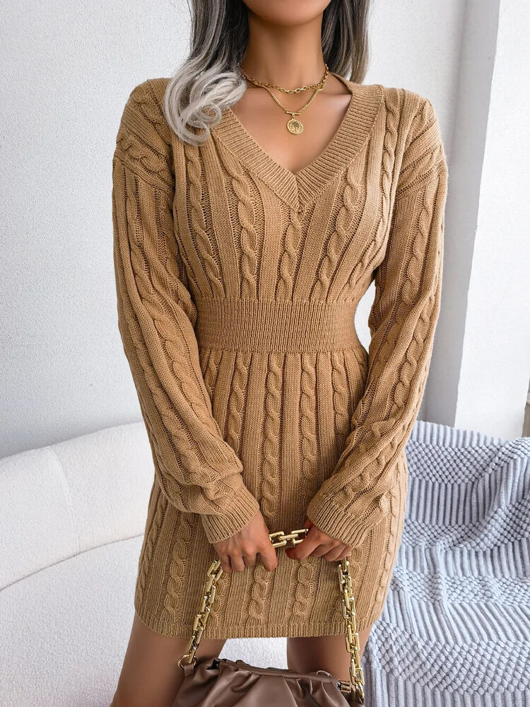 Women's Sweater Dress V-neck Long Sleeve Dresses Autumn Winter Pullover