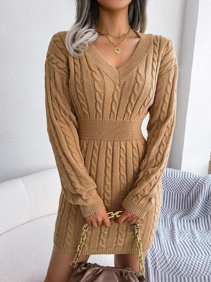 Women's Sweater Dress V-neck Long Sleeve Dresses Autumn Winter Pullover