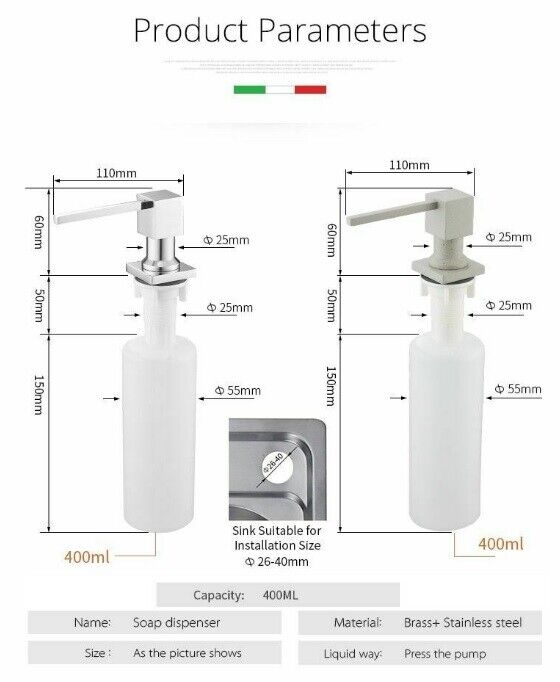 Deck Mounted Kitchen Soap Dispensers 400ml Square Pump Chrome Finish Counter Top