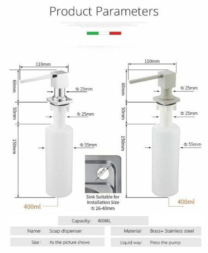 Deck Mounted Kitchen Soap Dispensers 400ml Square Pump Chrome Finish Counter Top