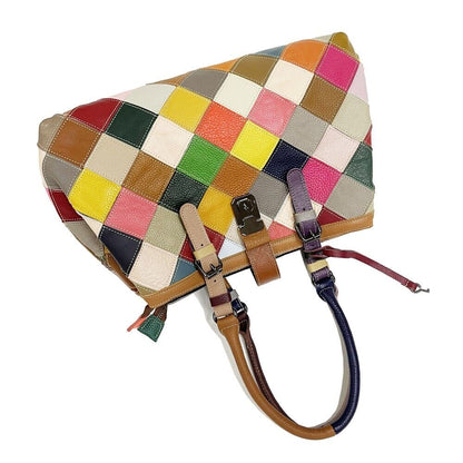 100% Genuine Leather Colorful Patchwork Handbag Women's Tote Shoulder Bag