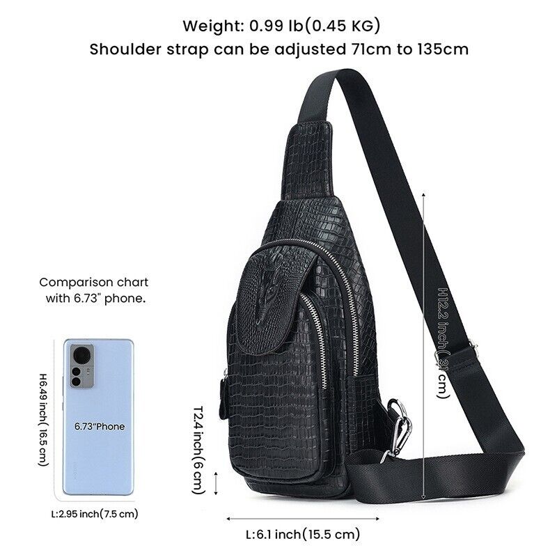 Black Real eather Sling Backpack, Men's Crossbody Chest Bag with Crocodile Print