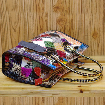 Women's Genuine Leather Snake Blocks Colorful Handbag Shoulder Satchel Tote Bag