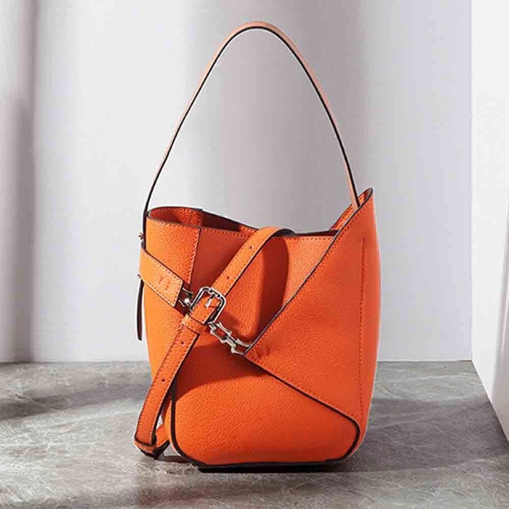 Genuine Leather Bucket Bag Women American Style Bags Orange Tote Purses