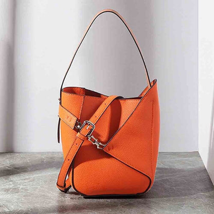 Genuine Leather Bucket Bag Women American Style Bags Orange Tote Purses