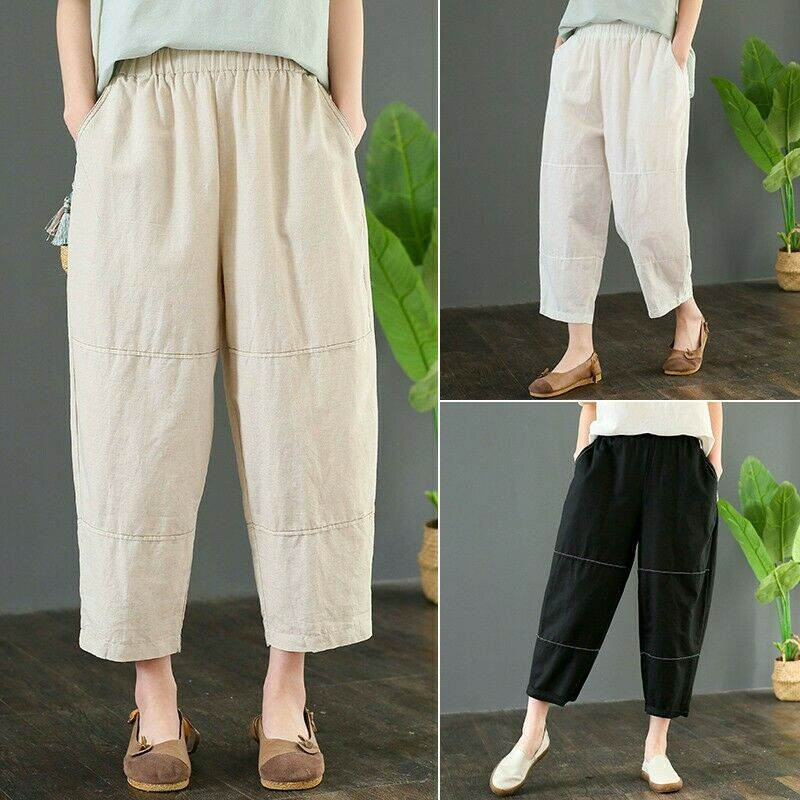 Women Comfort Loose Fit Baggy Flax Linen Harem Pants Leisure Pockets Trousers @