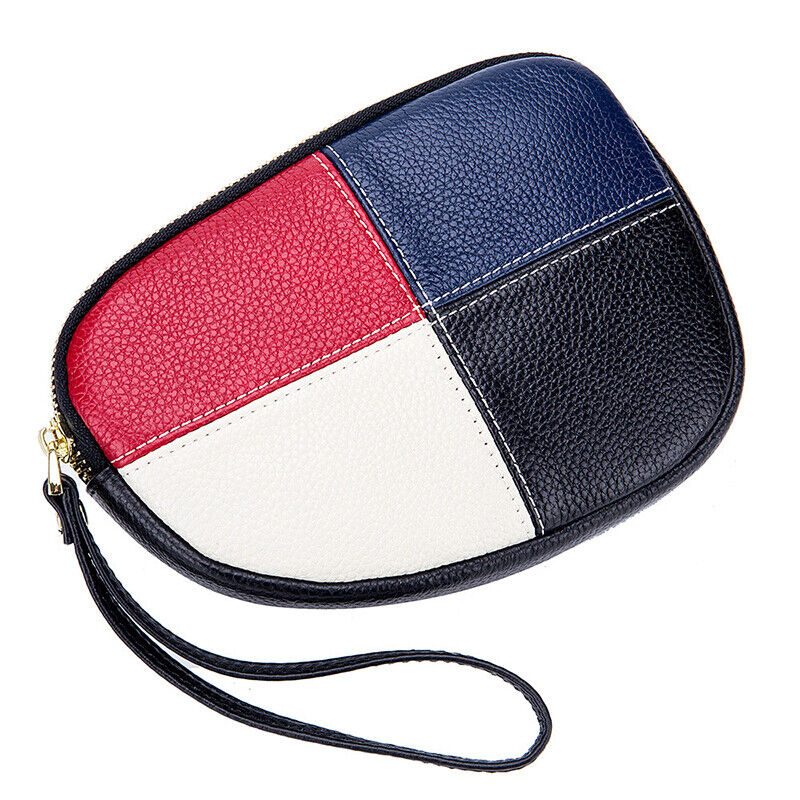 Womens Leather Hand Collar Bag Zipper Contrast Color Cowhide Phone Clutch Wallet