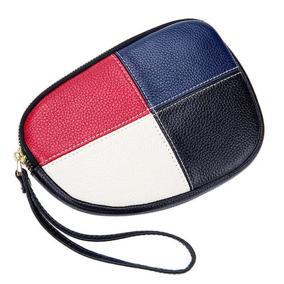 Womens Leather Hand Collar Bag Zipper Contrast Color Cowhide Phone Clutch Wallet