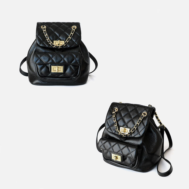Small Mini Quilted Leather Backpack Drawstring Bucket Bag Flap Purse Chain Strap